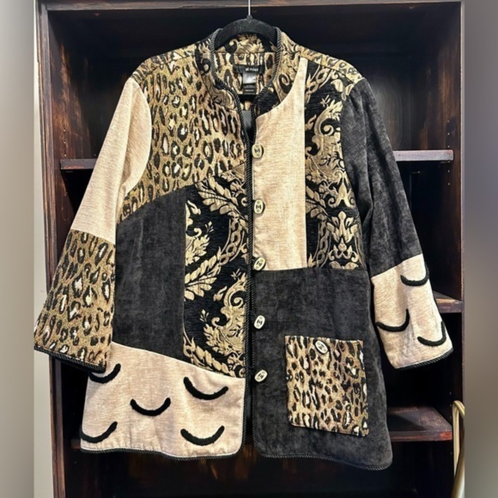 NWT Ali Miles Women’s Overcoat Jacket Sz L Ivory Charcoal Mixed Pattern